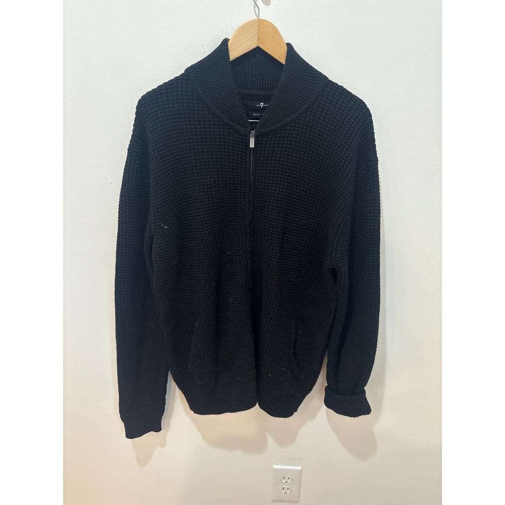 7 For All Mankind Black 100% Wool Waffle Knit Full Zip Cardigan Sweater Italy